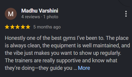 Member testimonial praising DR DINO as the best gym near Periya Natham
