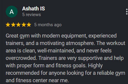Google review highlighting premium equipment at DR DINO FITNESS Chengalpattu