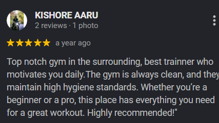 Five-star rated DR DINO FITNESS gym review from Chengalpattu member